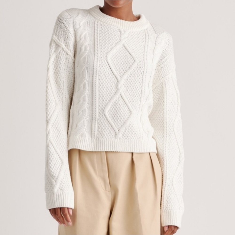 Quince White Cable Knit Crewneck Sweater